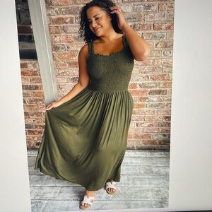 Olive Green Smocked Knit Maxi Knit Dress Plus Size 1X